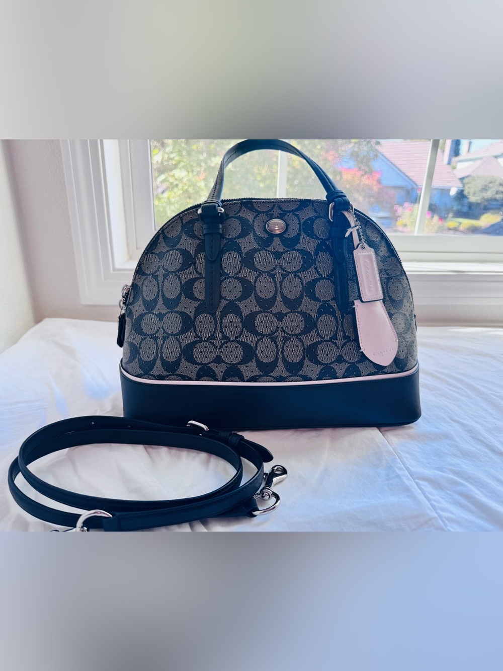 Coach Black Signature Dome Satchel with Cream Trim and Tag
